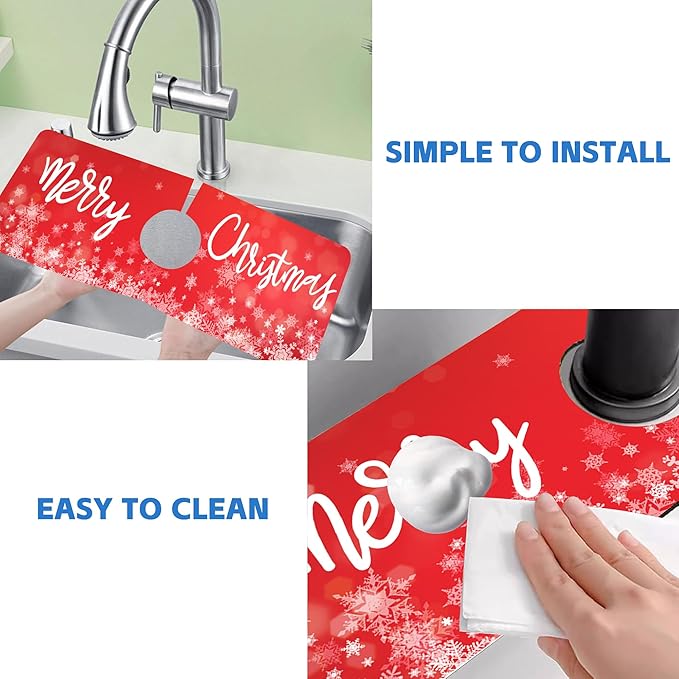 Merry Christmas Snowflake Kitchen Sink Splash Guard Mat Absorbent Fast Drying Mat Faucet Draining Mat Sink Splash Guard Behind Faucet Drip Catcher for Kitchen Bathroom 5.5"×15"