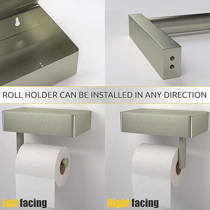 Brushed Nickel Toilet Paper Holder Wall Mounted with Shelf & Wipes Storage – Stainless Steel SUS304 Modern Toilet Tissue Roll Holder for Bathroom, Kitchen – Adhesive and Screw Installation - 2 Pack
