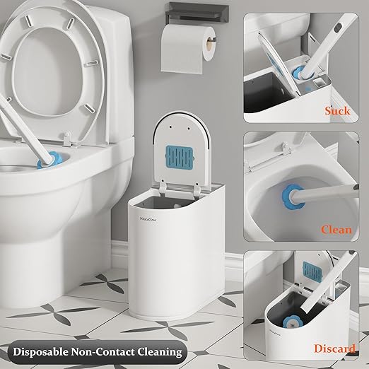Small Automatic Trash Can with Lid and Disposable Toilet Brush Holder Set, Motion Sensor Trash Can 1.8 Gallon, Small Bathroom Garbage Can, Odor Filter, Touchless Stainless Steel Silver