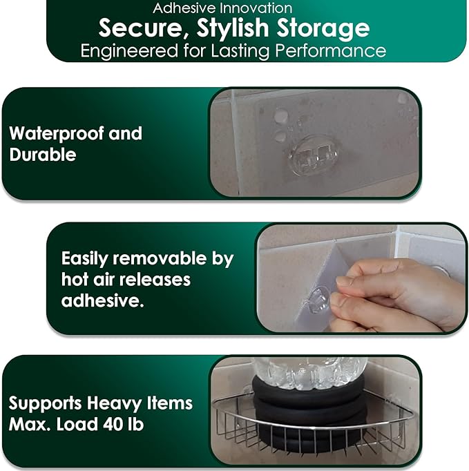 Upgraded Adhesive Hooks for Wall Mount, Self-Adhesive Corner Shelf Shower Caddy, Waterproof Bathroom & Kitchen, Wire Hook 12 Pack