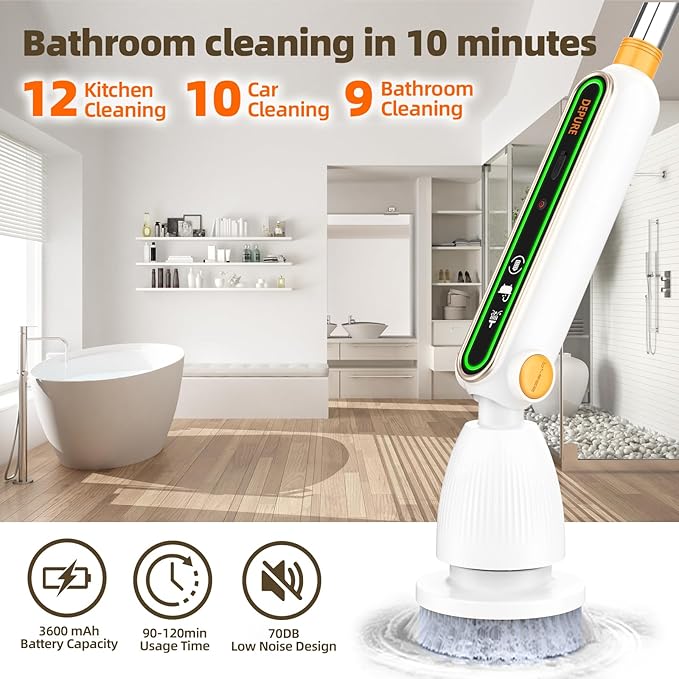 Electric Spin Scrubber, Quiet Cordless Power Scrubber, Electric Cleaning Brush with 8 Replaceable Heads, Adjustable Extendable Pole, Shower Scrubber with Long Handle for Bathroom