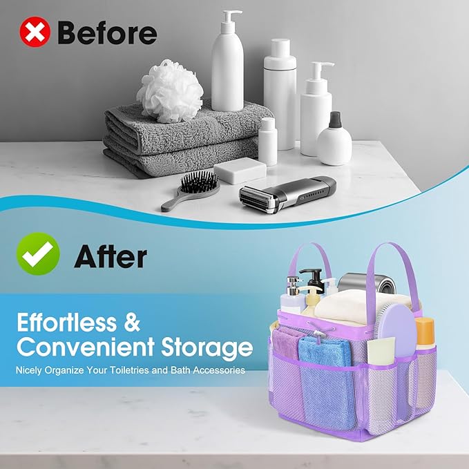 Mesh Shower Caddy Portable with Drawstring, 1 Main Compartment+ 7 Pockets, College Dorm Room Essentials for Girls, Shower Organizer Hanging Bag for Beach, Camp, Swim, Gym, Travel
