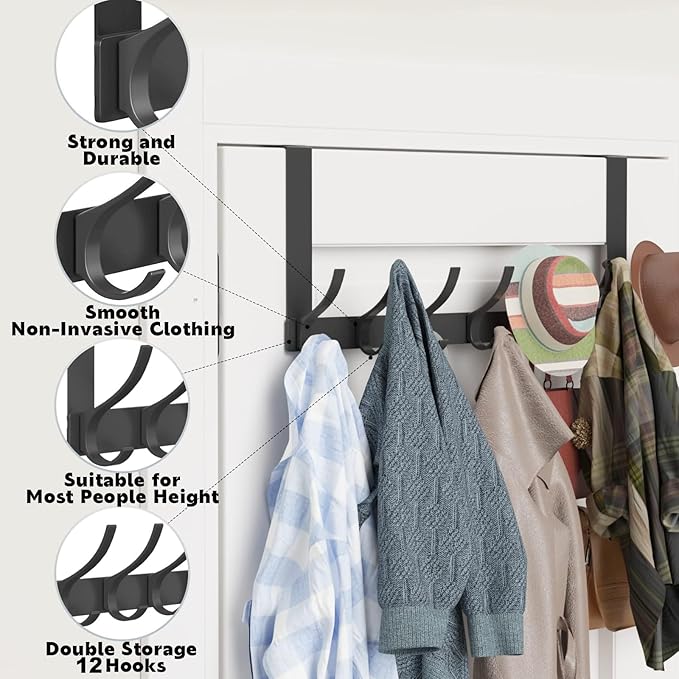 2 Pack Over The Door Hooks, Sturdy Door Hanger, Large Over The Door Towel Rack with 12 Hooks, Heavy Duty Easy to Install, for Bathroom, Bedroom，Kitchen，Hanging Towels, Coats (Black)