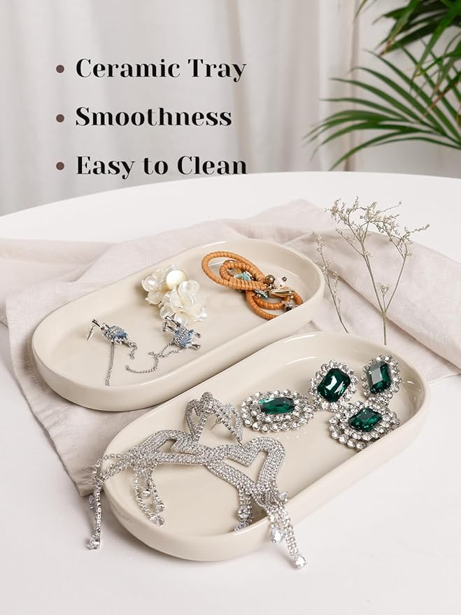 INGOFIN 7" Ceramic Bathroom Vanity Tray Set- 2 Pcs Bathroom Organizer Countertop Tray for Perfume, Jewelry, Small Kitchen Counter Soap Tray, Decorative for Bathroom Vanity and Toilet Tank, Beige
