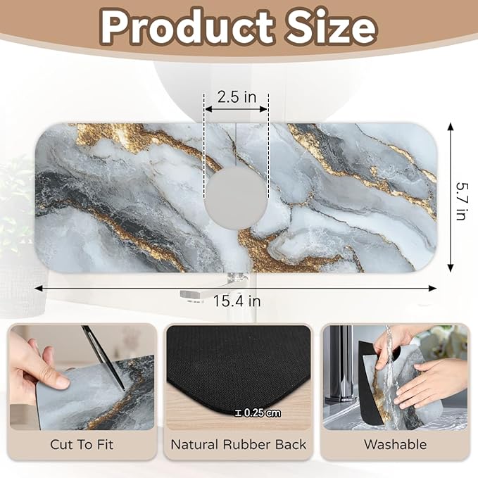 Kitchen Sink Splash Guard Faucet Mat White Marble 2PCS Super Absorbent Fast Drying Faucet Guard & Draining Mat Sink Splash Guard Behind Faucet Drip Catcher for Kitchen Bathroom RV (15.4" X 5.7" )