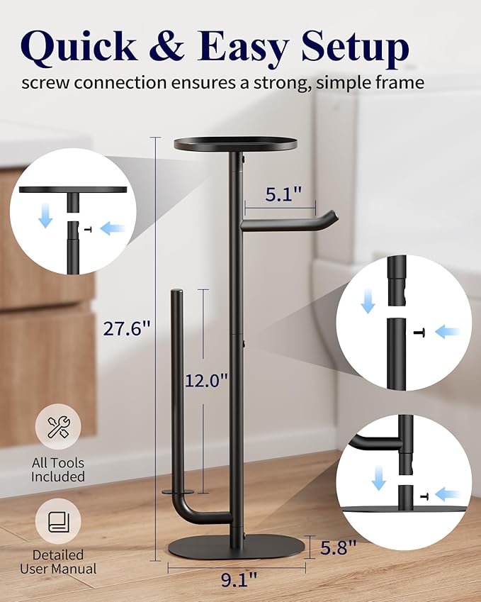 Kitsure Toilet Paper Holder Stand - Spacious Toilet Paper Storage for 4 Rolls, Rustproof Bathroom Organizers and Storage with Shelf for Phone & Small Items, 9.1"×5.8"×27.6", Black