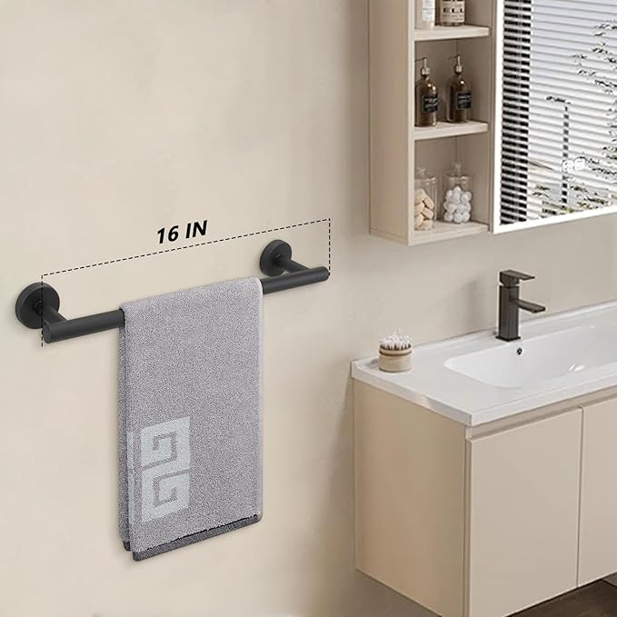 NearMoon Bath Towel Bar, Thicken Stainless Steel Shower Towel Rack Holder Wall Mounted for Bathroom, 16-lnch Overall Length-13-lnch Usable Hanging Space (2 Pack, Matte Black)