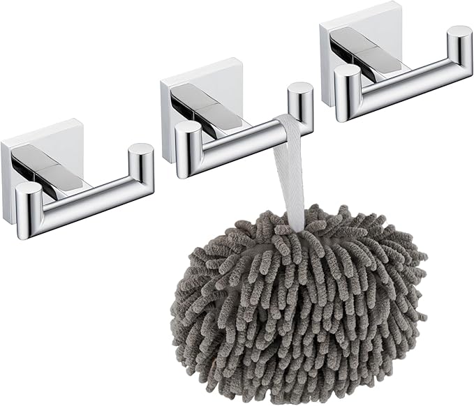 KOKOSIRI Robe Hook Bathroom Double Towel Coat Hooks for Bath Kitchen Wall Mounted, 3 Pack Chrome Stainless Steel B1015CH-P3