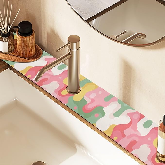 Kitchen Sink Splash Guard 2 PCS 14.7 Inch Sink Faucet Mat Splash Guard for Bathroom Countertop Water Absorbent Foldable Cuttable Soft Washable Multicolored Drips