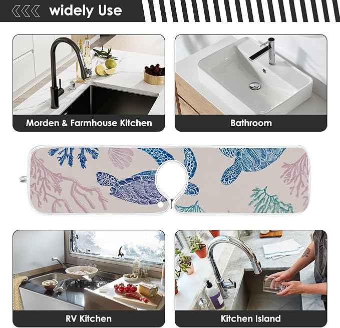 Sink Faucet Absorbing Mat Kitchen Sink Splash Guard Splash Faucet Drip Catcher for Bar RV Bathroom 2PCS 30x5.5in Line Turtles Starfish and Coral