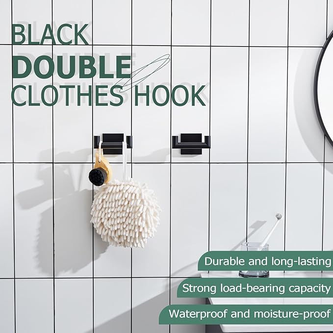 KOKOSIRI Robe Hook Bathroom Double Towel Coat Hooks Matte Black for Bath Kitchen Wall Mounted, 2 Pack Stainless Steel B1015BK-P2
