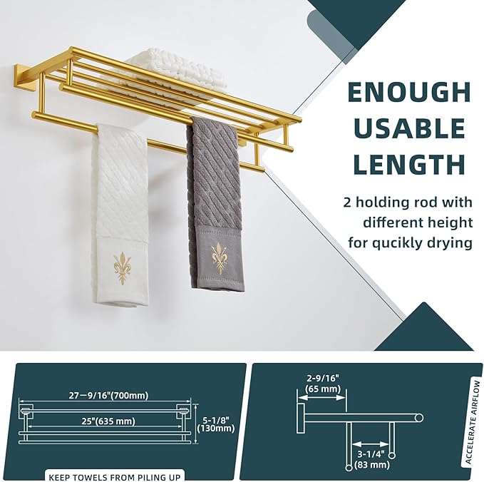 Angle Simple Towel Rack for Bathroom, SUS 304 Stainless Steel Hand Towel Holder with Shelf, Brushed Dark Gold, 27.56 Inches