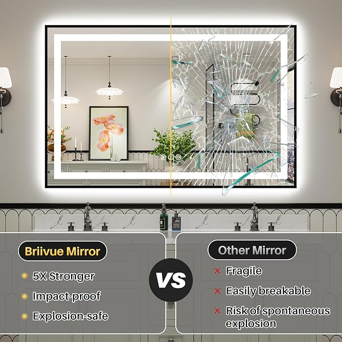 40x32 Inch LED Bathroom Mirror with Black Frame, Backlit & Front Lit, Anti-Fog Lighted Bathroom Vanity Mirror for Wall, Memory Function, Dimmable, HD Tempered Glass, Shatter-Proof