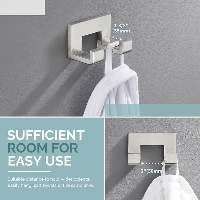 Angle Simple Double Towel Hook Brushed Nickel, 304 Stainless Steel Robe Coat Hook for Bathroom, Wall Mount