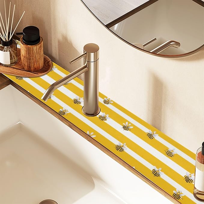 Kitchen Sink Splash Guard 1 PC 30 Inch Sink Faucet Mat Splash Guard for Bathroom Countertop Water Absorbent Foldable Cuttable Soft Washable Yellow and White Striped Bees01