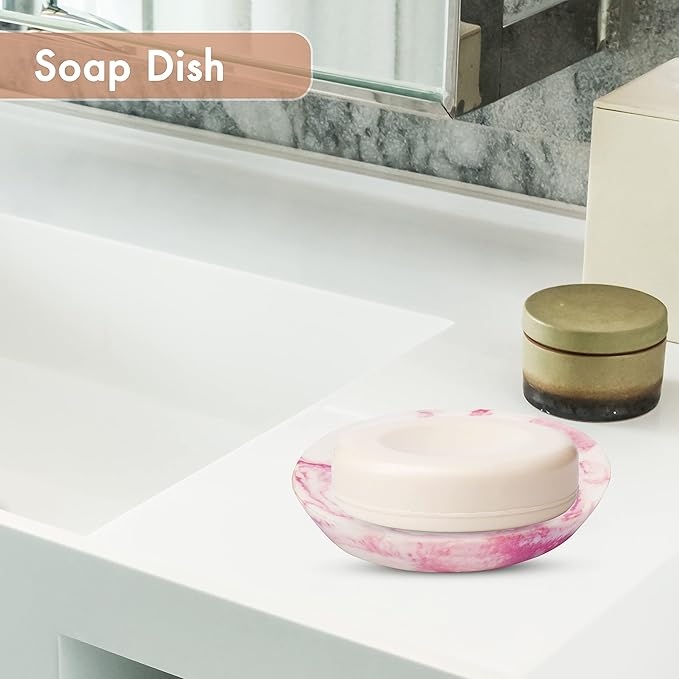 Ajuny Marble Resin Soap Dish Self Draining Oval Bar Soap Holder White & Pink Countertop Tray Soap Saver for Bathroom Shower Kitchen Sink & Bathtub Easy to Clean