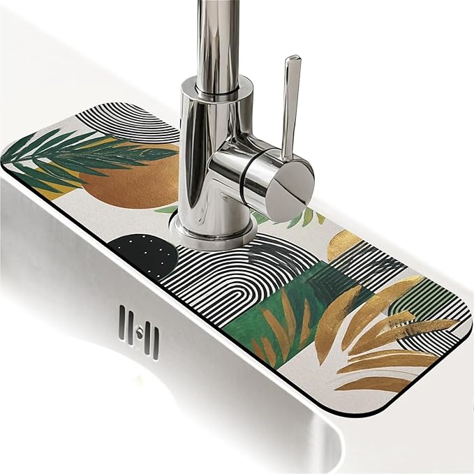 Kitchen Sink Splash Guard，Sun plant Lines Faucet Mat Sink Gadgets-Super Absorbent Fast Drying Mat Drip Catcher for Kitchen, Bathroom,Sink Mat, Dish Drying Mat, Bathroom(15" X 5.5" )