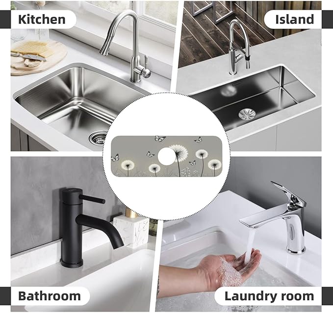 Butterfly Dandelion Floral 15" X 5.5" Kitchen Sink Splash Guard, Faucet Guard Draining Mat, Faucet Suction Pad For Kitchen Bathroom