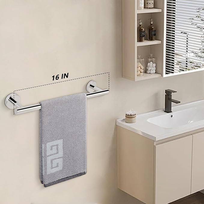 NearMoon Bath Towel Bar, Thicken Stainless Steel Shower Towel Rack Holder Wall Mounted for Bathroom,16-lnch Overall Length-13-lnch Usable Hanging Space (1 Pack, Chrome Finish)