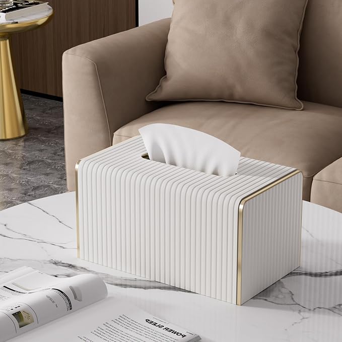 Extra Large Tissue Box Cover for Standard Size 180 to 230 Count Box of Tissues, PU Leather Rectangle Tissue Holder with Magnetic Closure， Gold-Tone Edging Decoration (Ivory)