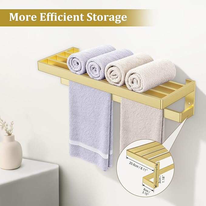 TNOMS Double Towel Bar for Bathroom Brushed Gold Towel Rack 23.6-inch Towel Holder Stainless Steel Wall-Mounted Bathroom Hardware Accessories