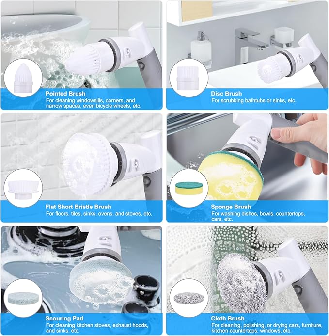 Electric Spin Scrubber, 18W 420RPM Handheld Cordless Cleaning Brush with 6 Brush Heads for Kitchen, Bathroom, IPX6 Water Proof Power Scrub Brush for Bathtub Sink Tile Floor (US