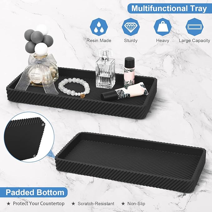 Black Bathroom Accessories Set 4 Pcs - Toothbrush Holder,Lotion Soap Dispenser,Qtip Holder Dispenser,Vanity Tray for Countertop Vanity Organizer,Bathroom Accessory Set