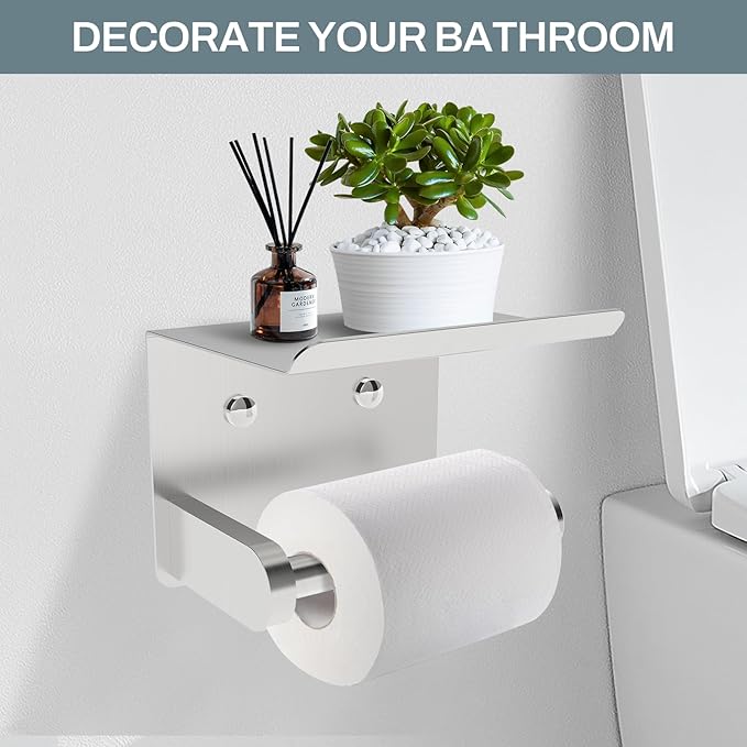 SetSail Toilet Paper Holder with Shelf Adhesive or Screw-in Bathroom Toilet Paper Roll Holders Wall Mount Heavy-Duty Brushed Nickel Tissue Holder for Bathroom Hardware Accessories