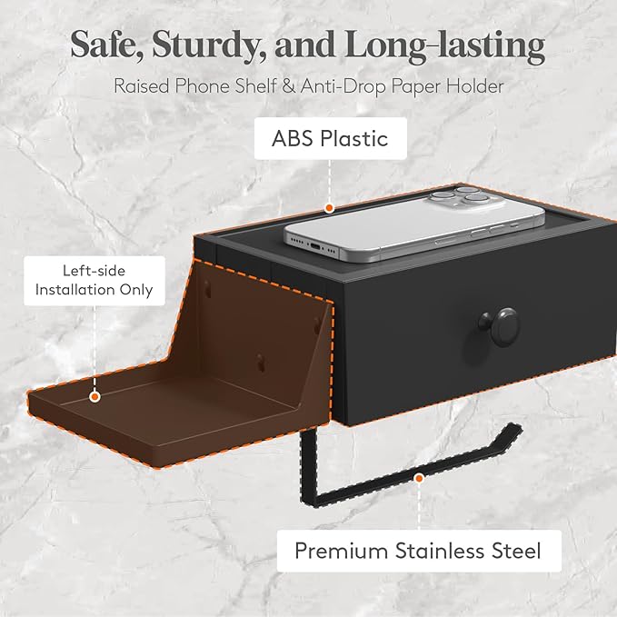 Lifewit Toilet Paper Holder with Shelf and Drawer, Screw or Adhesive Wall Mount Tissue Roll Storage, Dustproof & Flushable Bathroom Wipes Dispenser Organizer, Black, 1 Pack