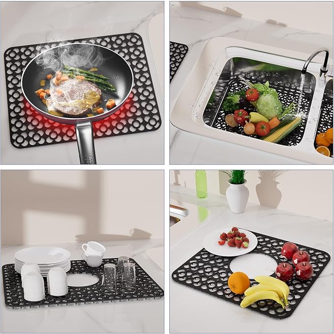 TOOVEM Silicone Sink Protectors for Kitchen, Kitchen Sink Protector Mat, 11.5 x 16.2 Inch Silicone Heat Resistant Non-Slip Sink Mats for Bottom of Kitchen Stainless Steel, Black