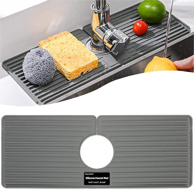Faucet Mat for Kitchen Sink, Silicone Faucet Handle Drip Catcher Tray, Drying Mat as Sponge and Soap Holder with Lateral Inflow for Kitchen Bathroom Farmhouse & RV Sink Accessories (Grey)