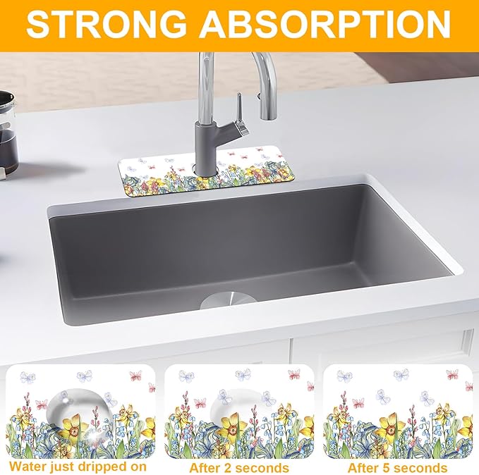 2 Pack Butterfly Floral Sink Splash Guard Faucet Mat Rose Lily Tulip Peony Super Absorbent Fast Drying Mat Sink Gadgets-Splash Guard Behind Faucet Drip Catcher for Kitchen Bathroom, 15.5"x5.5"
