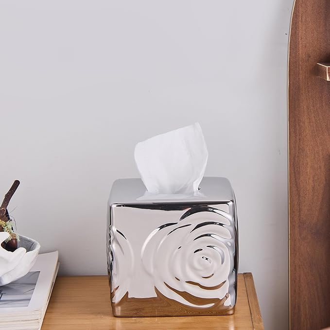 Silver Ceramic Cube Tissue Box Cover with Rose – Large Elegant Rose Floral Square Decorative Tissue Box Holder for Bathroom, Bedroom, Office Desk, Kitchen Counter – Perfect Housewarming Gift