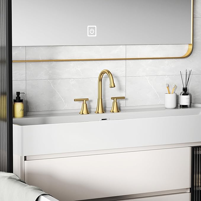 Bathroom Faucets for Sink 3 Hole, Hurran Brushed Gold Bathroom Sink Faucet with Pop-up Drain and Supply Lines, Stainless Steel Lead-Free Widespread Faucet for Vanity RV Farmhouse Sink