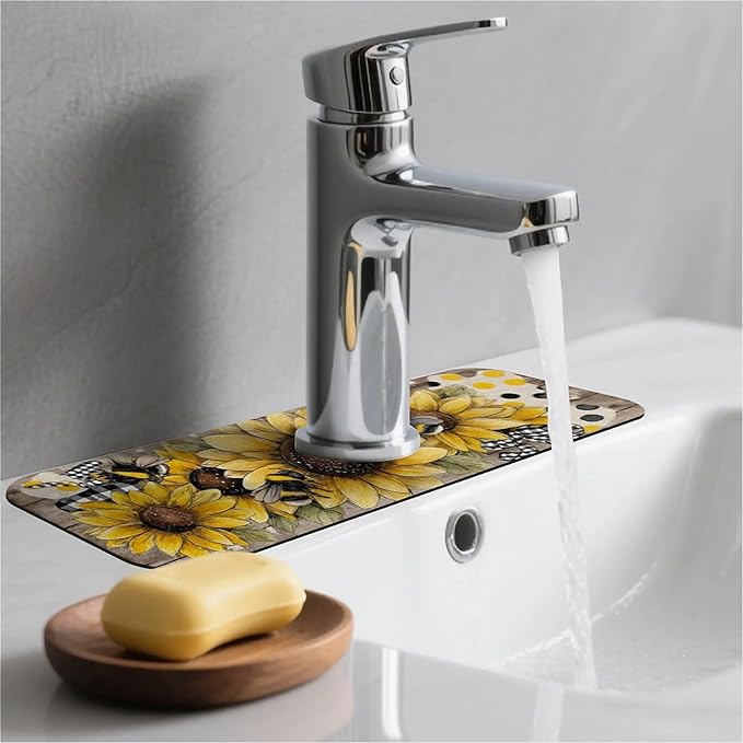 Kitchen Sink Splash Guard，Sunflower-with bumblebees Faucet Mat Sink Gadgets-Super Absorbent Fast Drying Mat Drip Catcher for Kitchen, Bathroom,Sink Mat, Dish Drying Mat, Bathroom(15" X 5.5" )