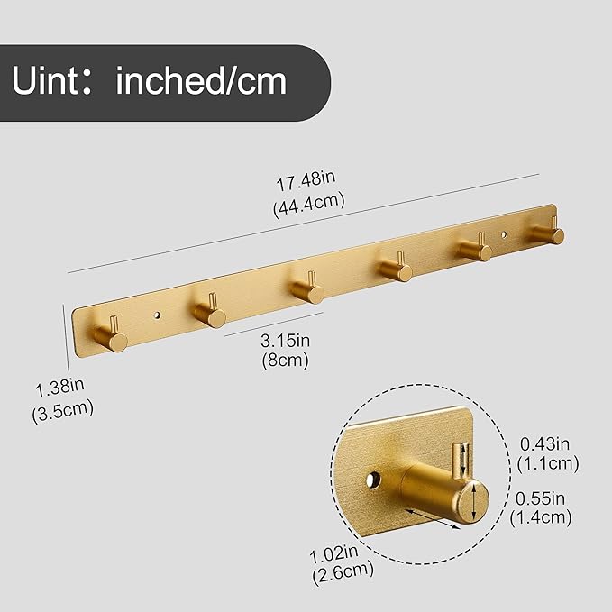 Adhesive Bathroom Gold Hook Rail, 6 Brushed Gold Wall Key Hooks Rack Hanger Towel Robe Stick Door Hooks for Bathroom Toilet Entryway Hallway Kitchen Wall Mounted