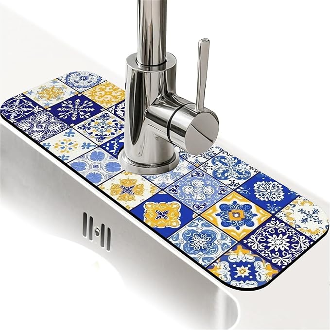 Kitchen Sink Splash Guard，Spanish tiles Faucet Mat Sink Gadgets-Super Absorbent Fast Drying Mat Drip Catcher for Kitchen, Bathroom,Sink Mat, Dish Drying Mat, Bathroom(15" X 5.5" )