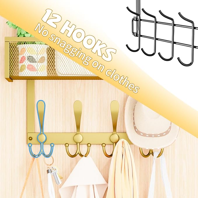 Kaiferty Over The Door Hooks Organizer,Over Door Hanger Towel Rack Mesh Basket with 12 Hooks,Back of Door Storage Organizer for Bedroom,Bathroom,Kitchen,Office(Gold)