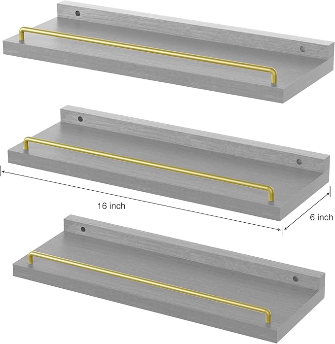 Floating Shelves for Wall Decor, Grey and Gold Shelves for Bathroom, Living Room, Bedroom, Picture Frames, Plants, Kitchen (Set of 3)