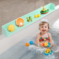 2.6-Ft Bathtub Splash Guard for Tub Kids, Silicone Splash Shield with 11 Suction Cups, Toy Tray Shelf, No Spill Water Barrier, Prevents Mess, Fun Bathtime for Toddlers Baby–Green