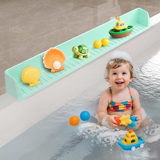 2.6-Ft Bathtub Splash Guard for Tub Kids, Silicone Splash Shield with 11 Suction Cups, Toy Tray Shelf, No Spill Water Barrier, Prevents Mess, Fun Bathtime for Toddlers Baby–Green