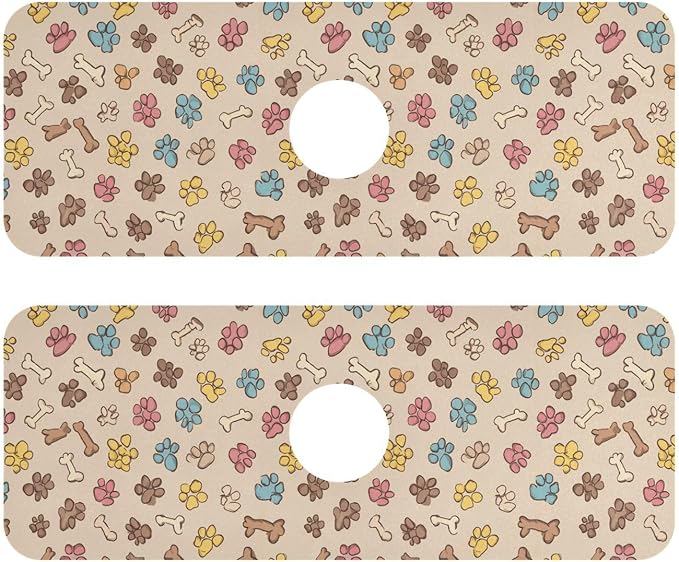 Yellow Paw Prints Bones Kitchen Sink Splash Guard Sink Faucet Mat Faucet Handle Drip Catcher Drain Mats for Kitchen Bathroom Countertop Absorbent Dish Drying Pad 2Pack 14.7x5.4IN