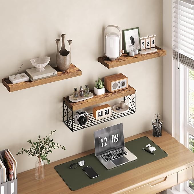 Floating Shelves for Wall, 23.6" Wall Mounted Shelves Set of 3, 1.5" Thick Hanging Shelf Storage, Farmhouse Decor for Bathroom, Toilet, Bedroom, Living Room, Kitchen, Rustic Brown 6001BJBF