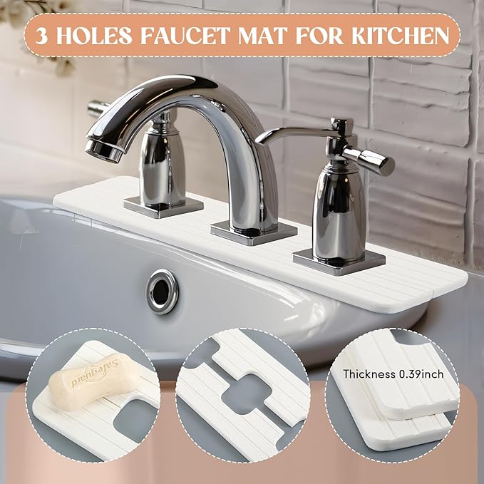 3 Square Hole White Faucet Mat for Kitchen Sink 16.14" x 4.49" Kitchen Faucet Absorbent Mat Diatomite Splash Guard for Sink Quick Drying Stone Drip Catcher for Bathroom Counter