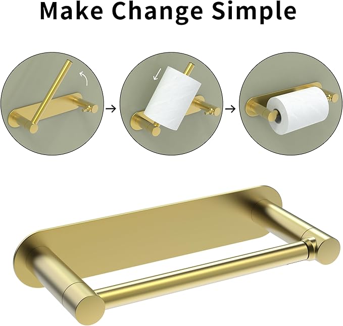 Adhesive Toilet Paper Holder Gold Double Post Pivoting Bathroom Toilet Tissue Holder Roll Holder Stick On No Drilling Stainless Steel and Zinc Alloy