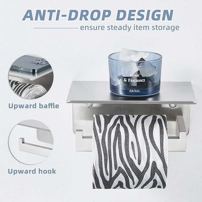 APLusee Brushed Nickel Toilet Paper Holder with Shelf, Left Side 304 Stainless Steel Tissue Roll Hanger, Wall Mounted
