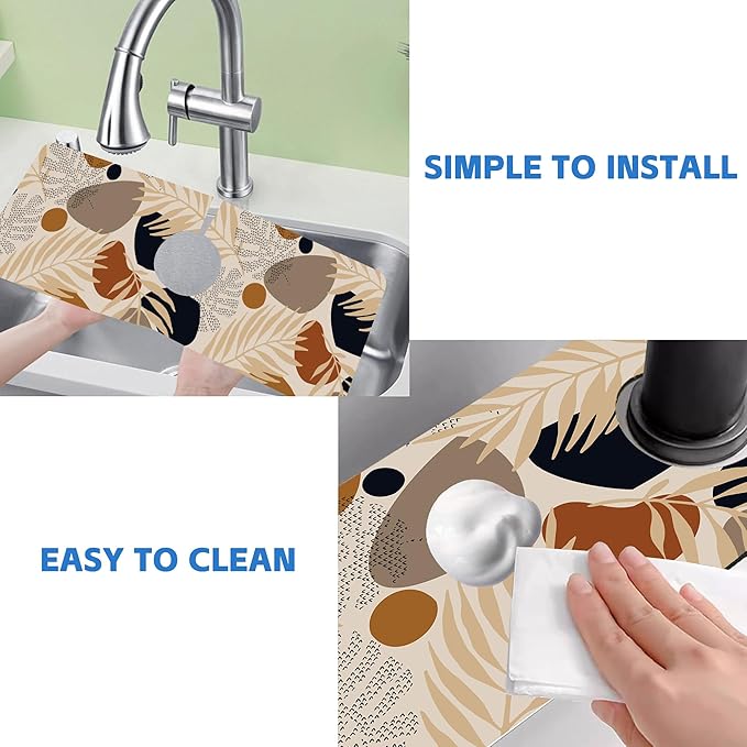 Boho Tropical Leaves Kitchen Sink Splash Guard Mat Absorbent Fast Drying Mat Faucet Draining Mat Sink Splash Guard Behind Faucet Drip Catcher for Kitchen Bathroom 5.5"×15"