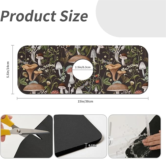 Kitchen Sink Splash Guard，Bobo mushrooms Faucet Mat Sink Gadgets-Super Absorbent Fast Drying Mat Drip Catcher for Kitchen, Bathroom,Sink Mat, Dish Drying Mat, Bathroom(15" X 5.5" )