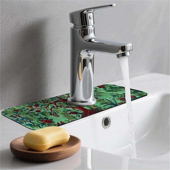 Kitchen Sink Splash Guard，Tree and birds Faucet Mat Sink Gadgets-Super Absorbent Fast Drying Mat Drip Catcher for Kitchen, Bathroom,Sink Mat, Dish Drying Mat, Bathroom(15" X 5.5" )