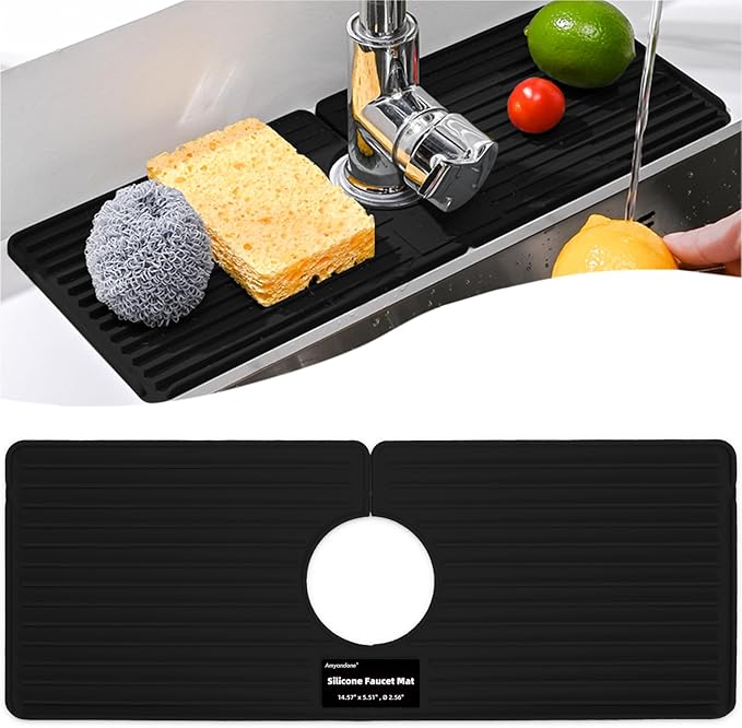 Faucet Mat for Kitchen Sink, Silicone Faucet Handle Drip Catcher Tray, Drying Mat as Sponge and Soap Holder with Lateral Inflow for Kitchen Bathroom Farmhouse & RV Sink Accessories (Black)